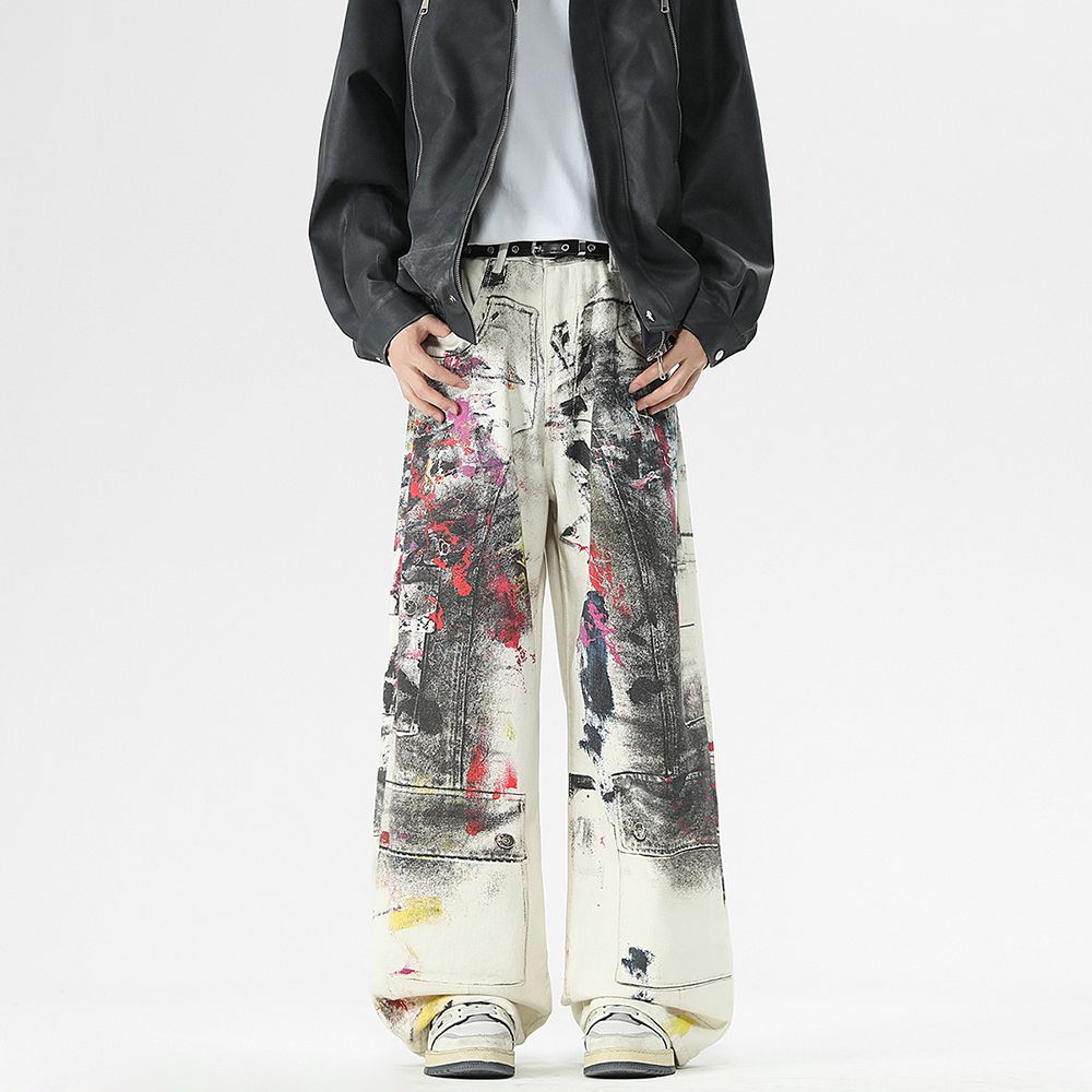 Men's Jeans New Digital Print Loose Jeans, Trendy Artistic Splash & Faded Style Denim Pants