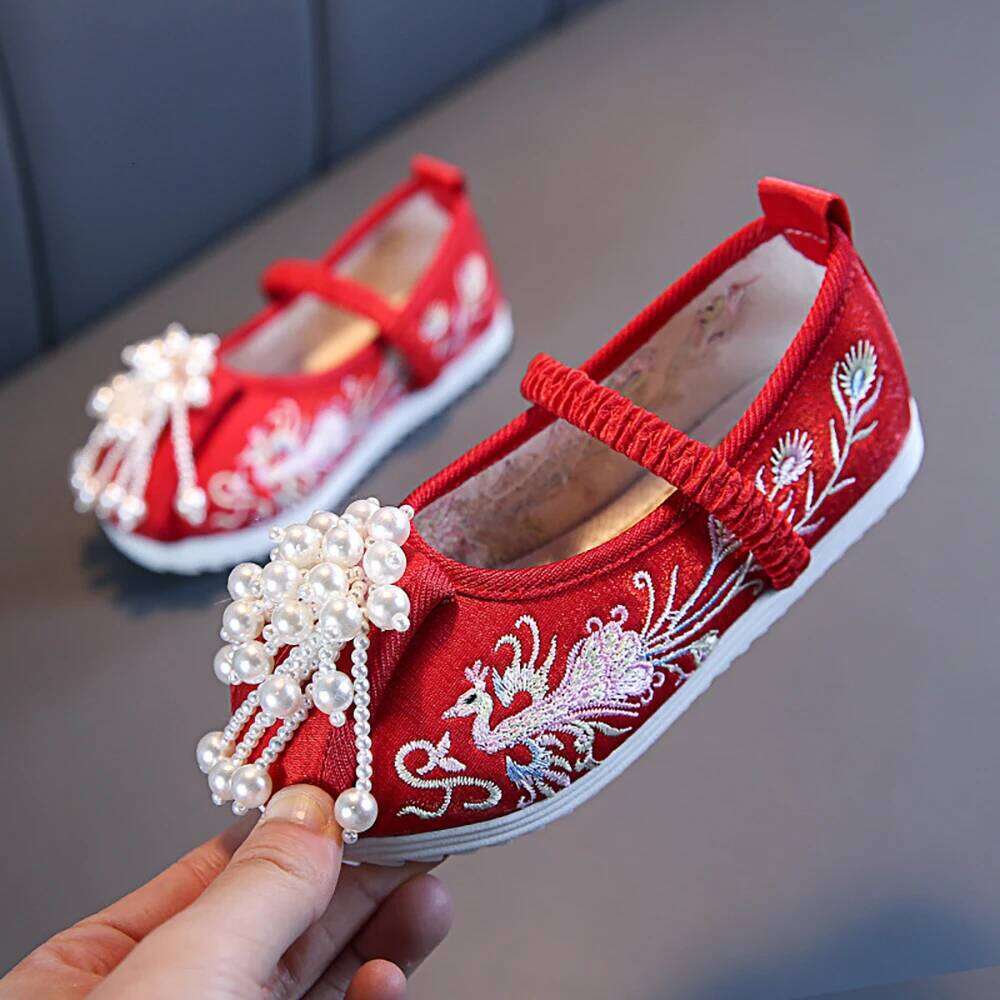 Baby Girls 2024 New Embroidered Ancient Dress Cheongsam Jade Beads Hanfu Performance Shoes