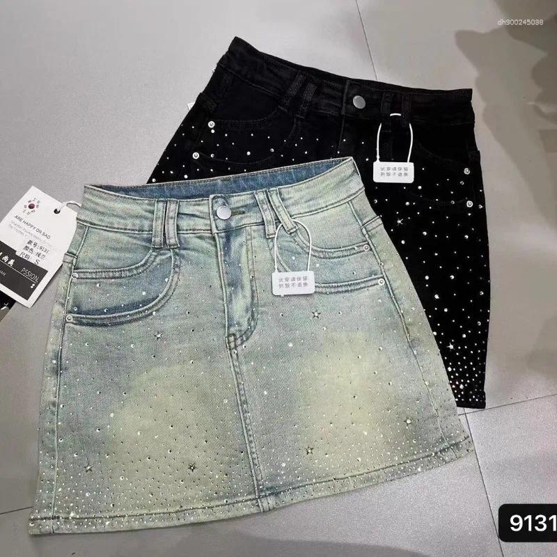Skirts Starry Rhinestone Denim Skirt For Women 2025 Summer Retro Slimming A-Line Sheath Black Y2k Faldas