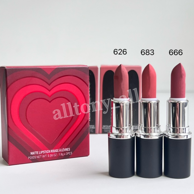 Brand Matte Lipstick Set with Heart Shape - Colors #683 #666 #626 1.8g*3pcs set Christmas Gifting Long Lasting High Quality Girl Lip Makeup Lipstick