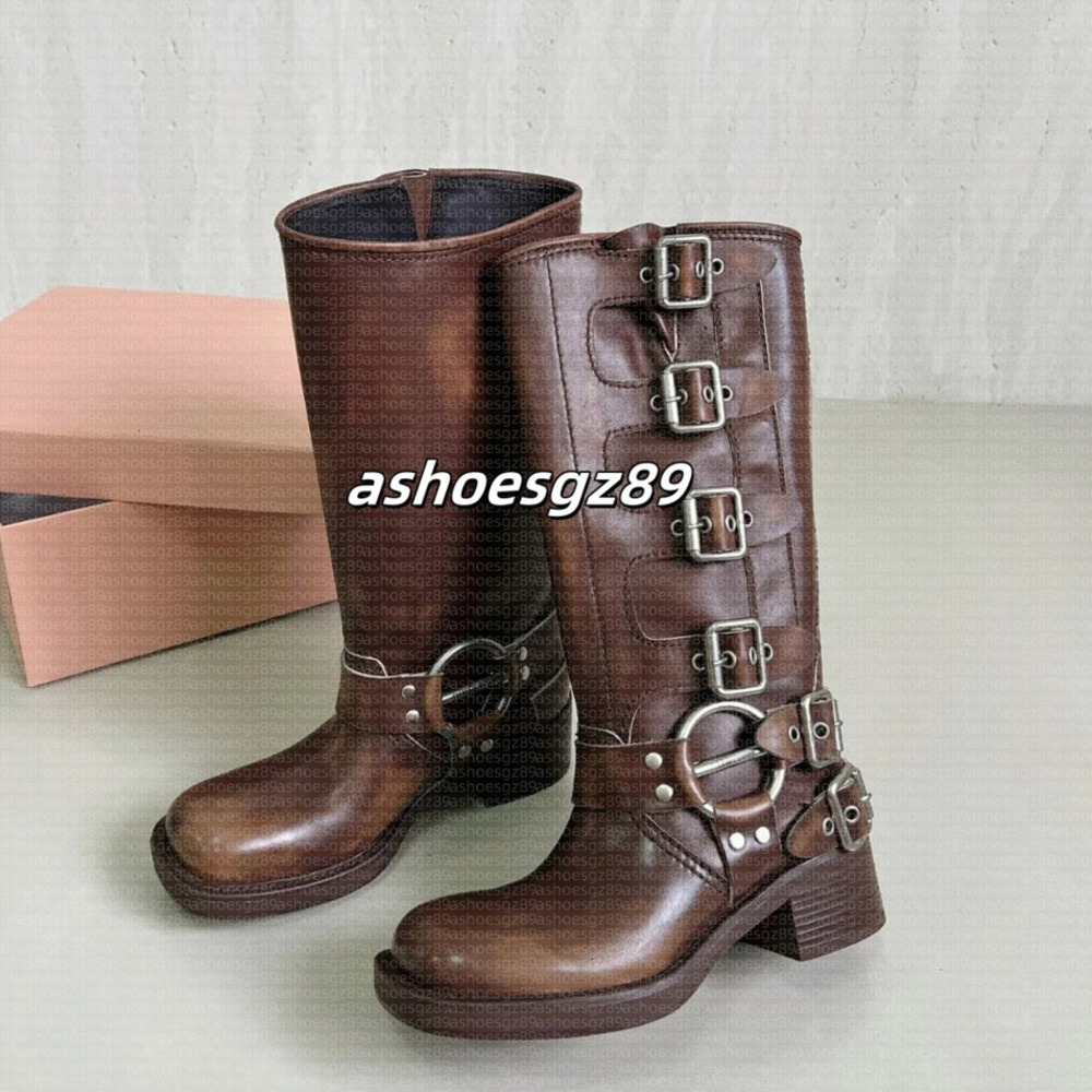 Designer Women MM Boots Tall High Platform Boots Y2k Style Boots Designer Womens Brown Leather Biker Boot Round Toe Chunky Heel Martin Boots Belt Buckle Shoes 35-40 01