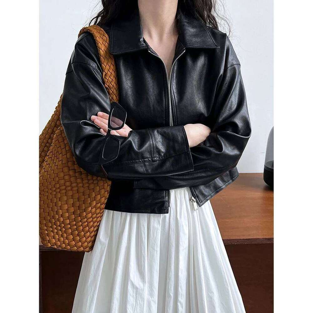 2025 Spring Pu Leather Turn Down Collar Coat Fashion ZIP Classic Jacket Femme Streetwear Women Tops Clothes