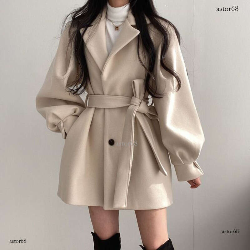 womens coat jackets womens fur coat Autumn Winter Korean Style New Small Petite Mid-Length Woolen Coat Women Lantern Sleeve Suit Collar Tie Coat