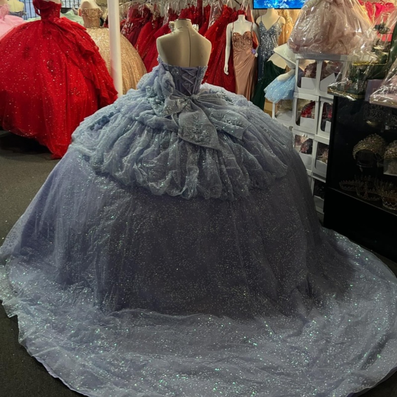 Light Blue Shiny Ball Gown Quinceanera Dresses Off The Shoulder Beading Crystal Tiered Tull Party Birthday Sweet 16 Dress Vestidos 15 De Anos