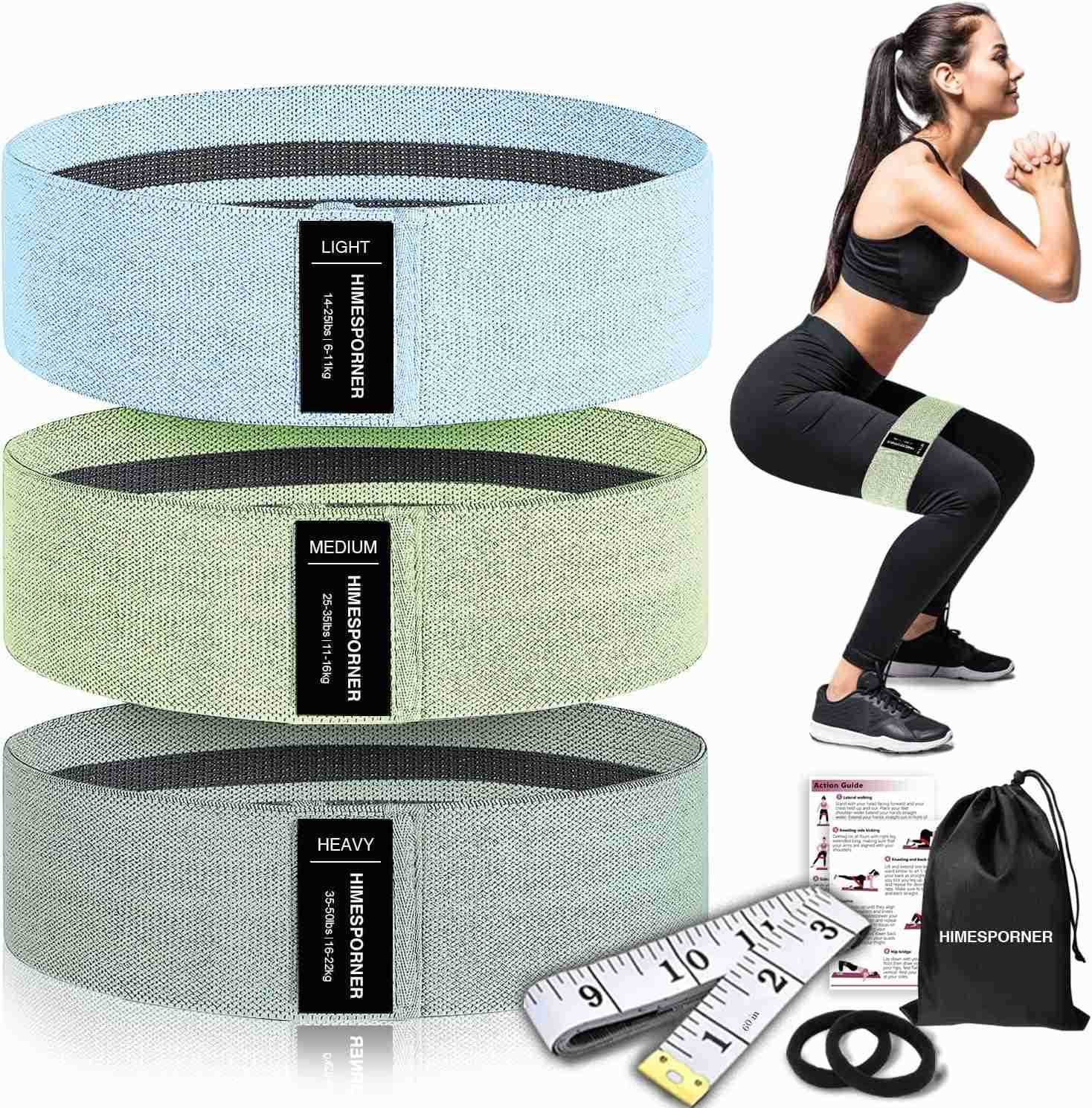 Fabric Resistance Bands for Working Out 3 Level NonSlip Exercise Booty Bands for Women Men Leg and Glutes with Hair Ties and Tape Measure for Home Gym