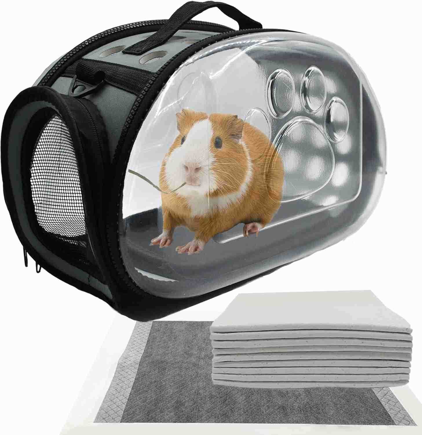 Carrier Bag for Guinea PigPortable Small Animal Carriers PouchOutgoing Rabbit Travel Carrying Case with 10PCS Disposable Underpads Breathable Transpar