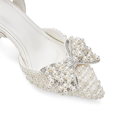 Chengdu Handmade Pearl Bow Pointed Toe Heeled Sandals - 8cm Stiletto Bridal Sandals (White) 2025 Summer Collection
