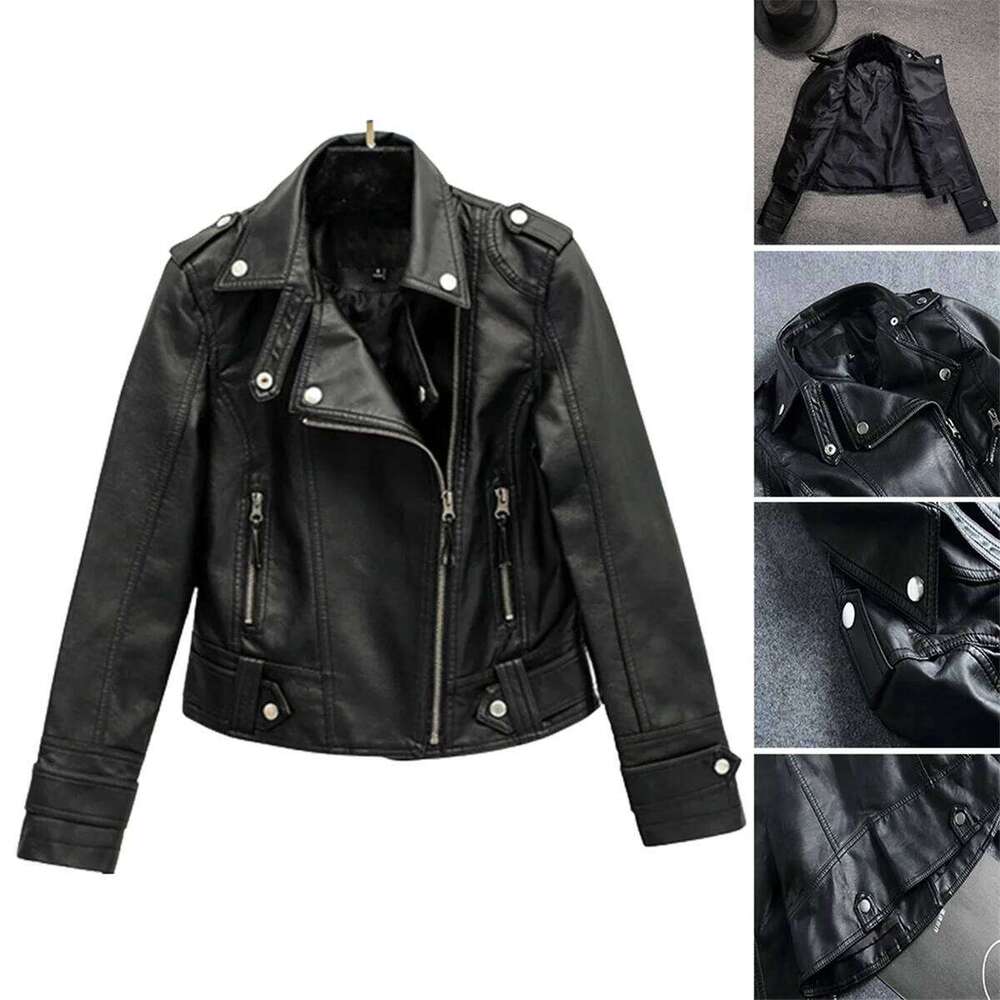 Fashion Leather Jacket Women Turn Down Collar Short Coat Zipper Long Sleeve New In Jackets Chic Streetwear Motorcycle Tops