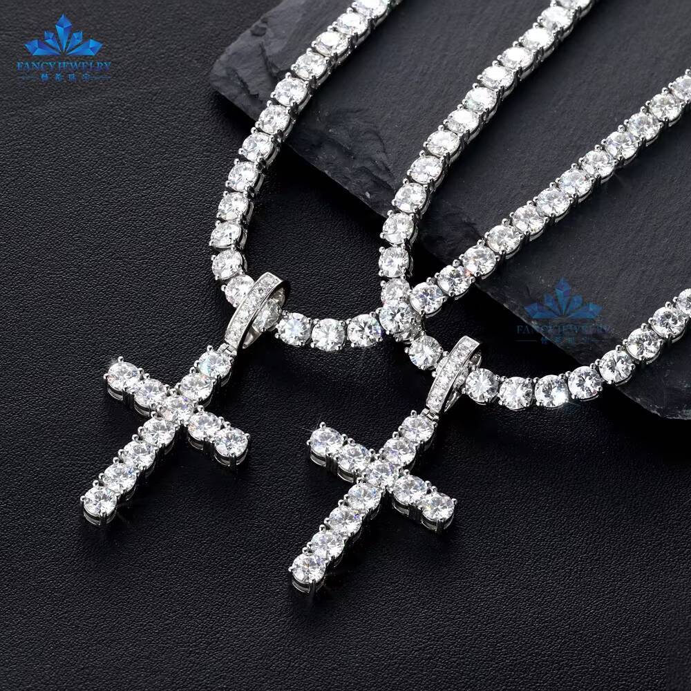 FancyJewelry Unisex High Quality 925 Silver Gold Plated Jesus Cross Pendant Trendy Fine Pendants Charms Men Women Moissanite