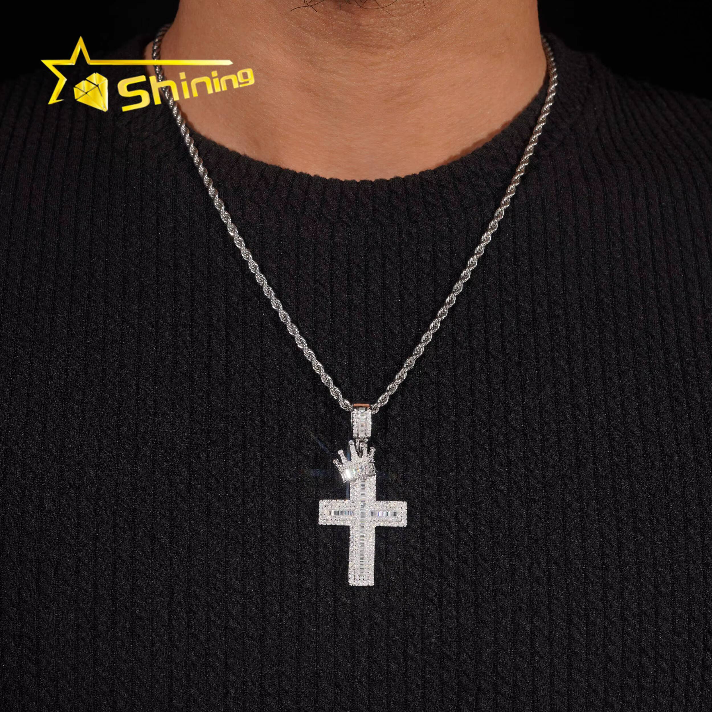 Crown Bail Baugette Moissanite Cross Charm 925 Sterling Silver Gold Plated Iced Out GRA Moissanite Pass Diamond Tester Pendant