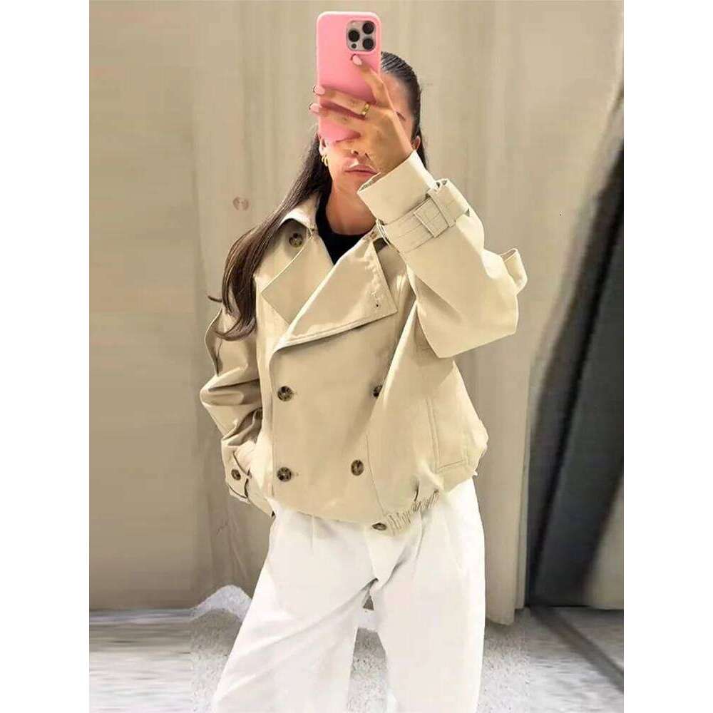 Women's Chic Double Breasted Cropped Trench Coat With Faux Fur Collar Fashion Long Sleeve Jacket Lady Autumn Winter Outerwear