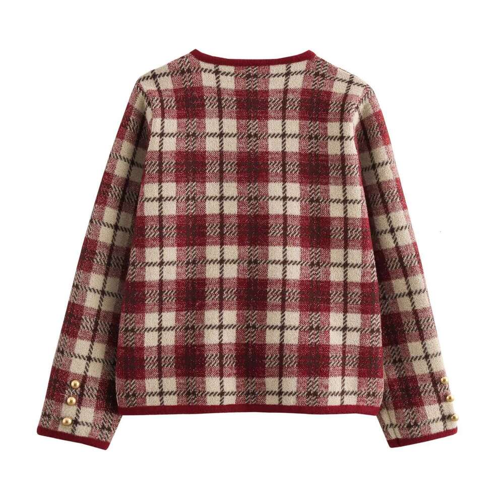 DHEssentials 2025 Autumn Winter New French Style Chanel-Inspired Gold Thread Blend Khaki Plaid Trim Round Neck Sweater Knitted Cardigan