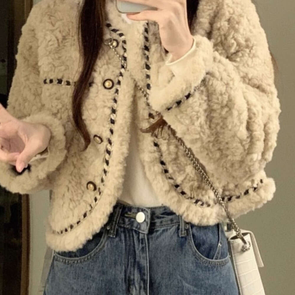 DHEssentials Chanel Style Lamb Wool Coat for Women Winter Fleece Loose Versatile High-end Elegant Socialite Short Jacket