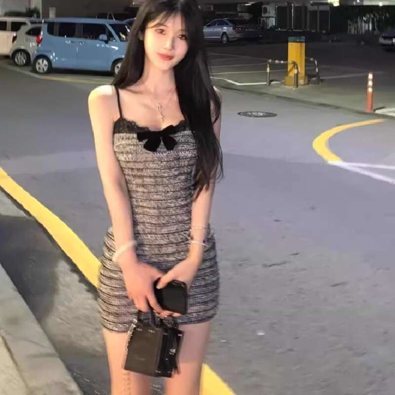 DHEssentials Early Summer French Style Pure Desire Little Fragrance Bow Waist Elegant Inner Wear Bodycon Short Strap Dress