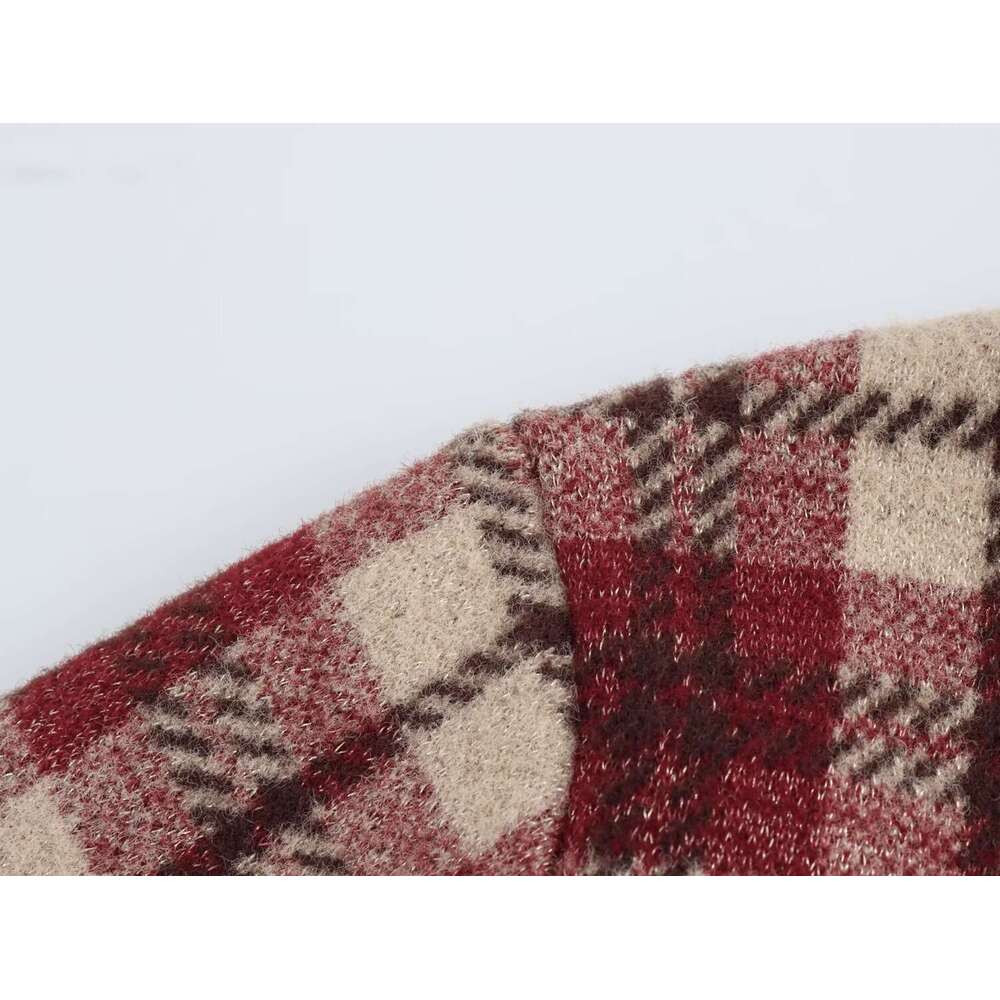 DHEssentials 2025 Autumn Winter New French Style Chanel-Inspired Gold Thread Blend Khaki Plaid Trim Round Neck Sweater Knitted Cardigan