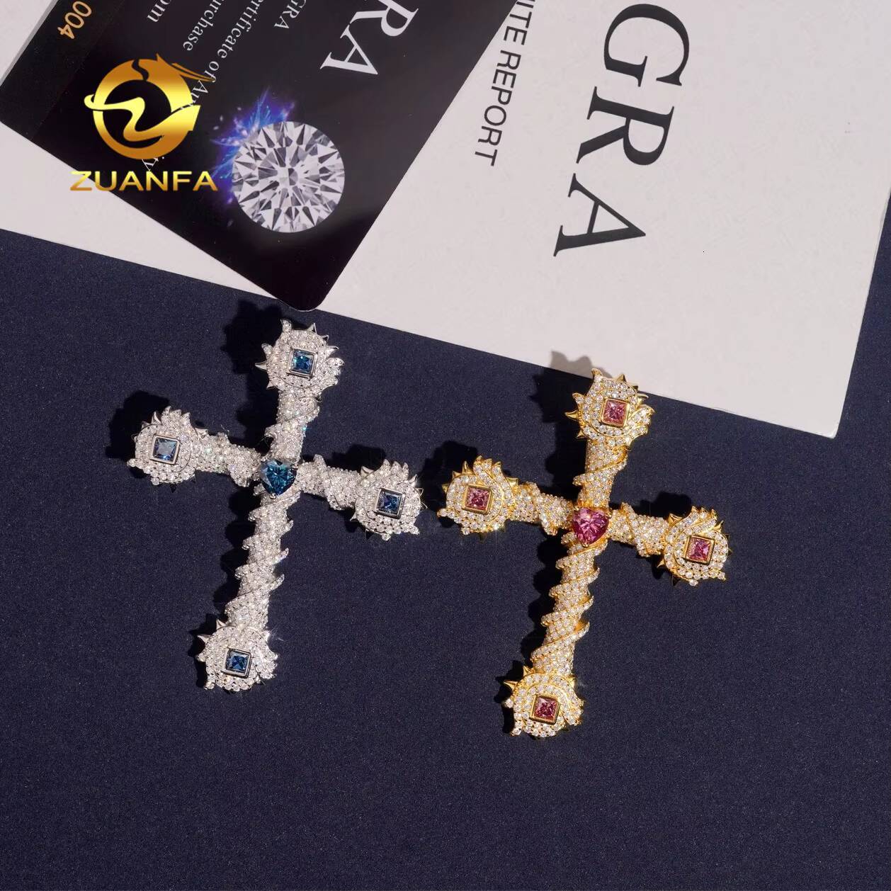 Spicky Cross Pendant Mixed Fancy Cut Sea Blue Pink Moissanite Pendants Iced Out Jewelry Custom Cross Pendant