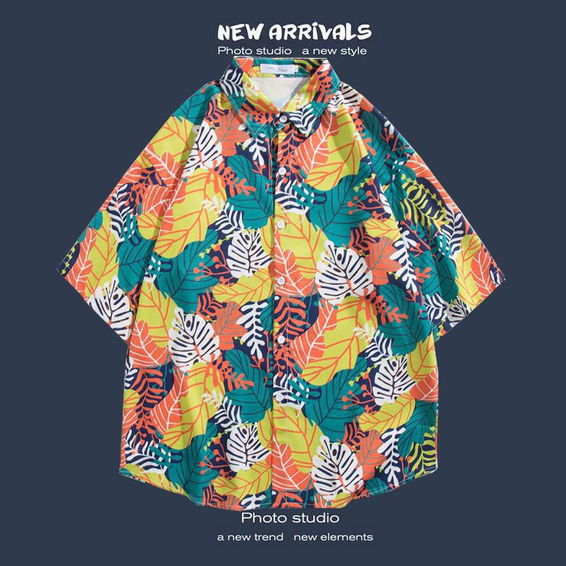 Summer Wei-style short-sleeved floral shirt beach set, outdoor travel couple style casual loose coat