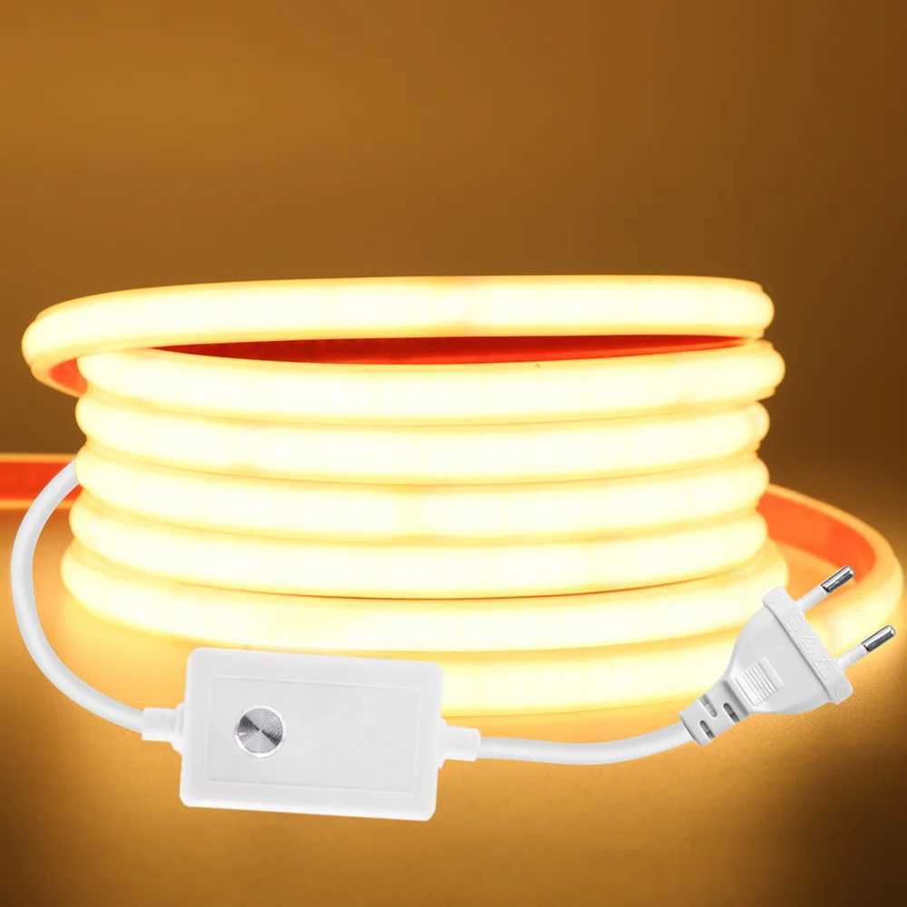 Dimmable COB LED Neon Strip Light with Adhesive Dimmer Power Plug 220V 230V 240LED Flexible Tape Lamp Waterproof Liner Lighting C250912