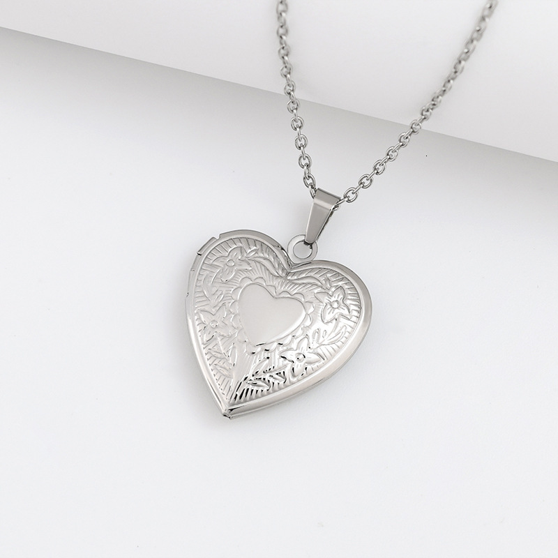 Mirror Stainless Steel Pendant Letter Commemorative Openable Heart Pattern Box Necklace