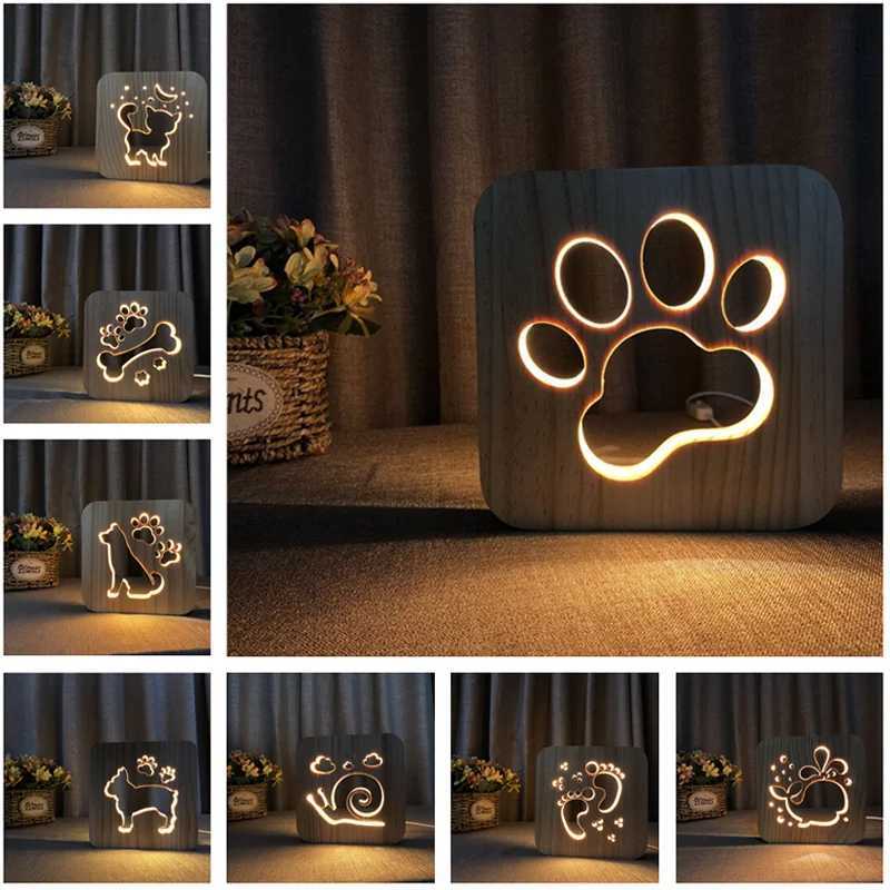 Acecorner LED USB Night Light Wooden Dog Paw Cat Wolf Head Animal Lamp Novelty Kid Bedroom 3D Decoration Table Lights Child Gift C251122