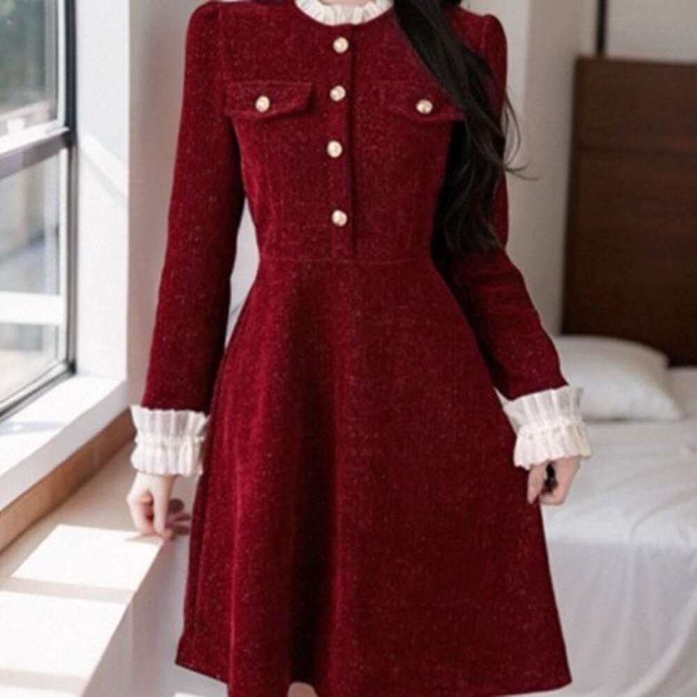 DHEssentials New Year Red Little Fragrance Style Dress for Women, Autumn and Winter Petite Party Dress, Light Luxury High-End Feel