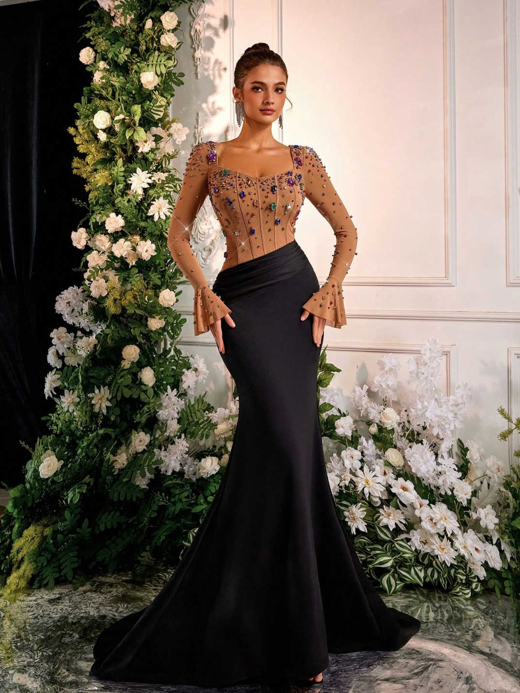 Fashion Jewelry Mermaid Evening Dresses Long Sleeves Square Neck Prom Party Dresses Vestidos De Gala Customized