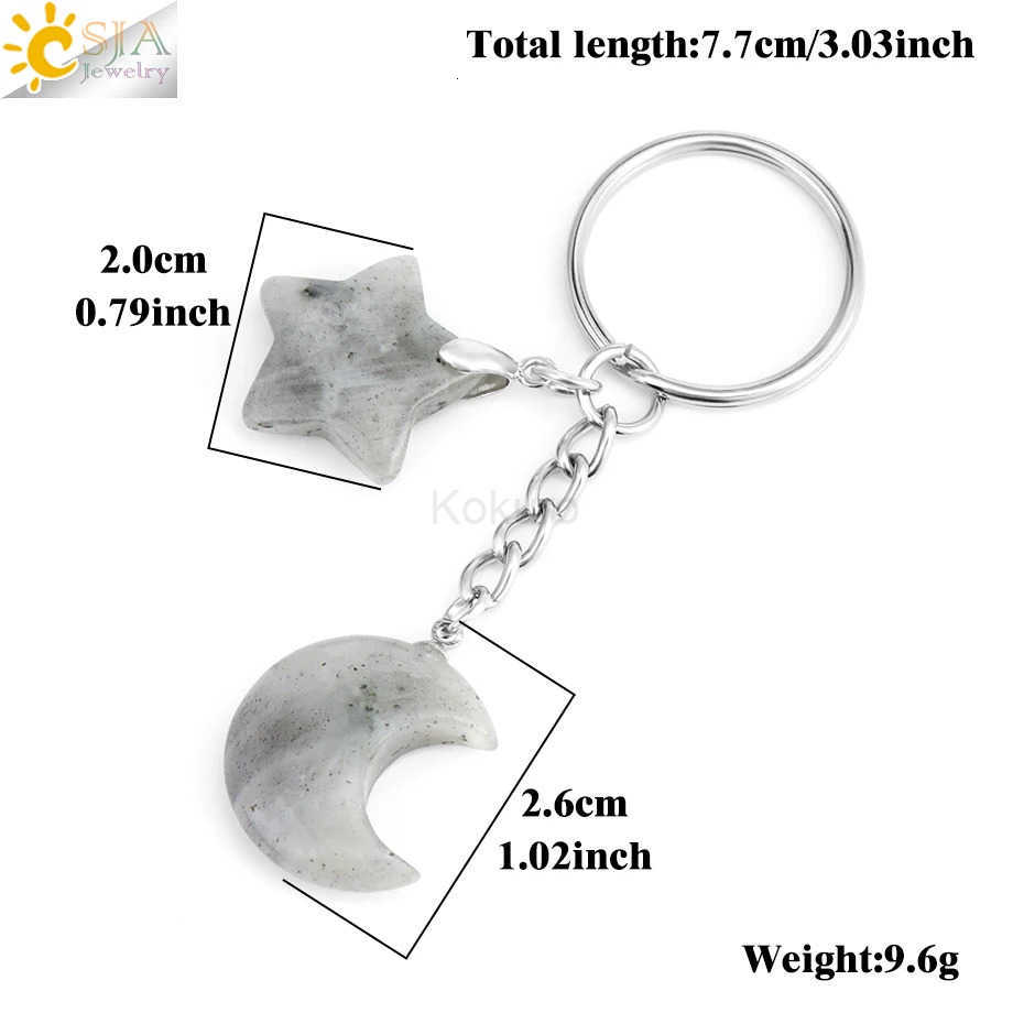 CSJA Healing Natural Stone Keychain Trendy Moon Star Charm Bead Pendant Silver Color Holder Key Ring Car Key Ring Bag Decor H368 M250912