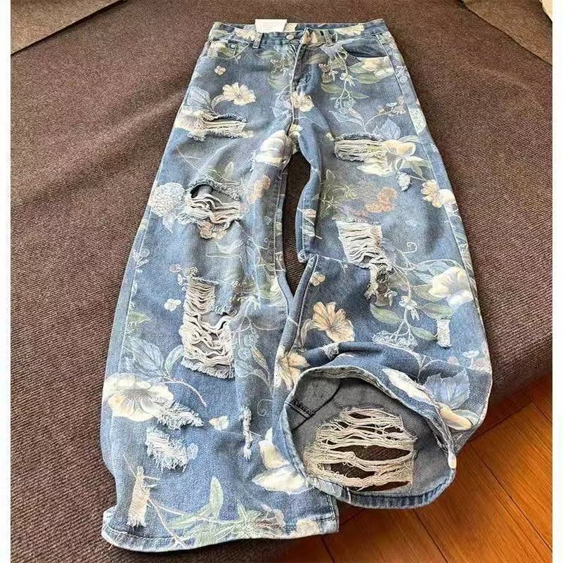 Daisy Vintage Print Ripped Jeans Women American Summer High Waist Wide Pants HipHop Trend Y2K Baggy Straight 250911