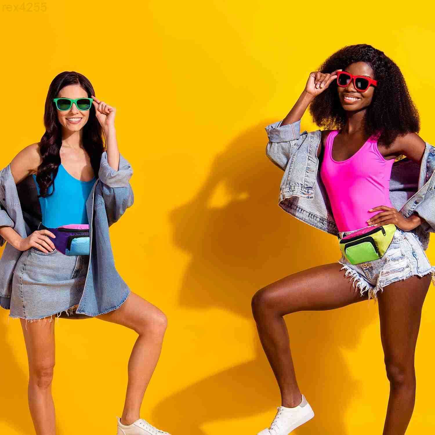 4 Pcs Retro 80s 90s Fanny Pack Retro Belt Bag 2 Pockets Neon Fanny Small Waist Packs for Jogging Traveling Party Costumes Holiday Festival 80s Theme H