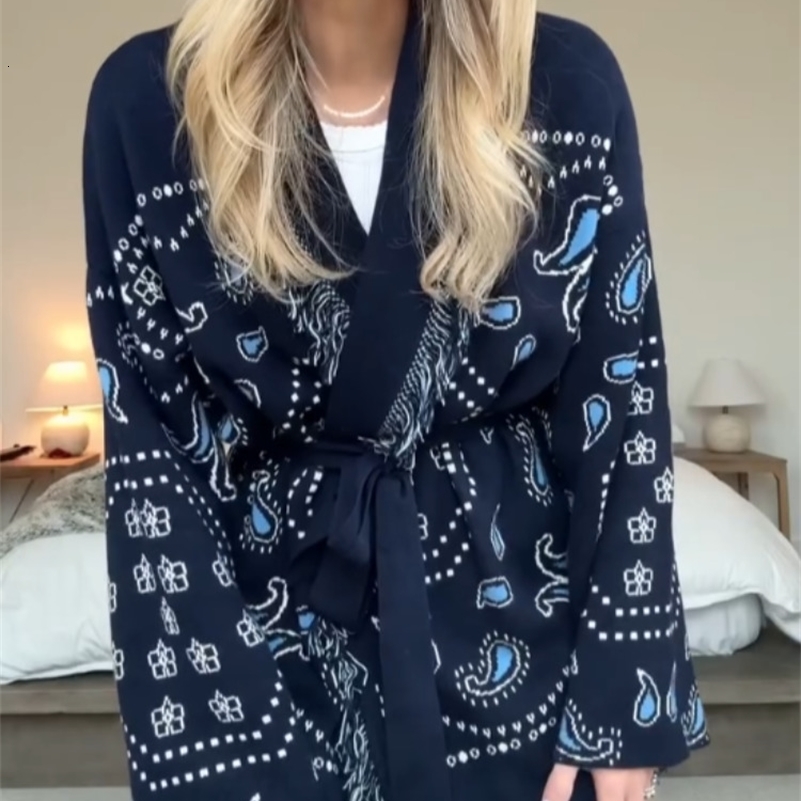 Tassel Patchwork Printed Cardigan Women Geometric Patterns Belts Vneck Long Sleeve Knitted Street Lady Sweater 2025 Autumn Coat 250911