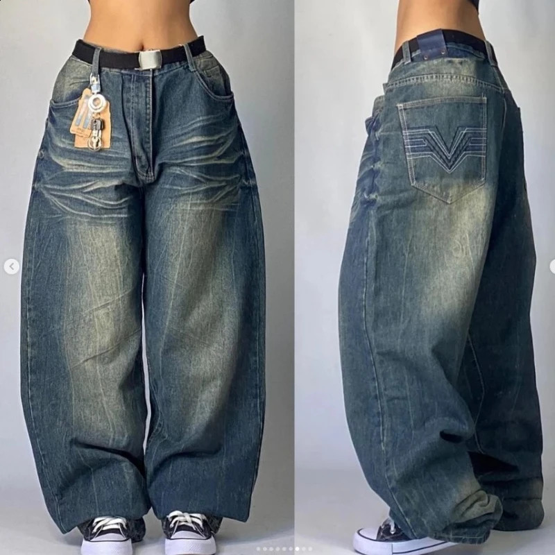 American Harajuku Retro Straight High Waist Y2K Street Style Women Washed Blue Pockets Baggy Jeans Gothic Wide Pants Z260313