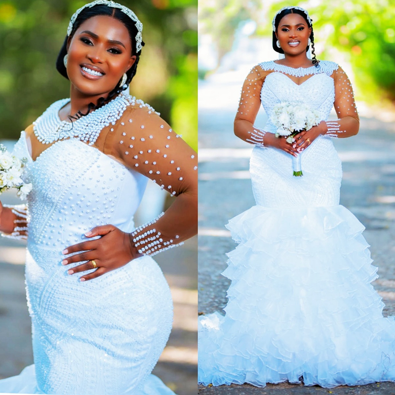 2025 Aso Ebi African Wedding Dress Bridal Gowns For Bride Mermaid Sheer Neck Pearls Illusion Beaded Lace Tires Appliqued Lace Wedding Gowns For Black 