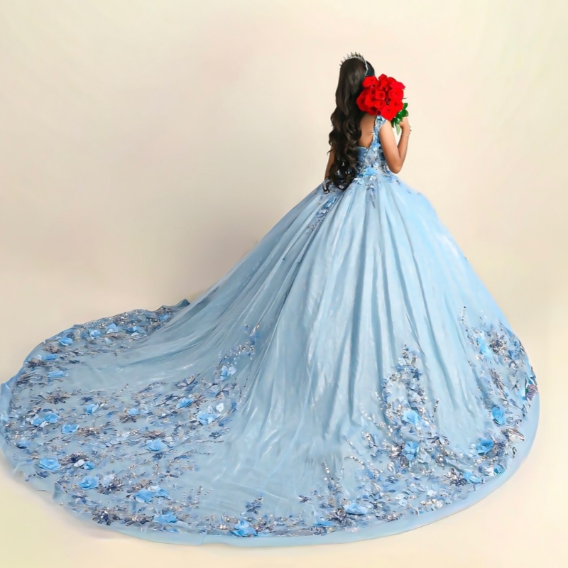 Sky Blue Shiny Ball Gown Quinceanera Dresses Off The Shoulder Sequin Applique Flower Beading Tull Party Birthday Sweet 16 Dress Vestidos 15 De Anos