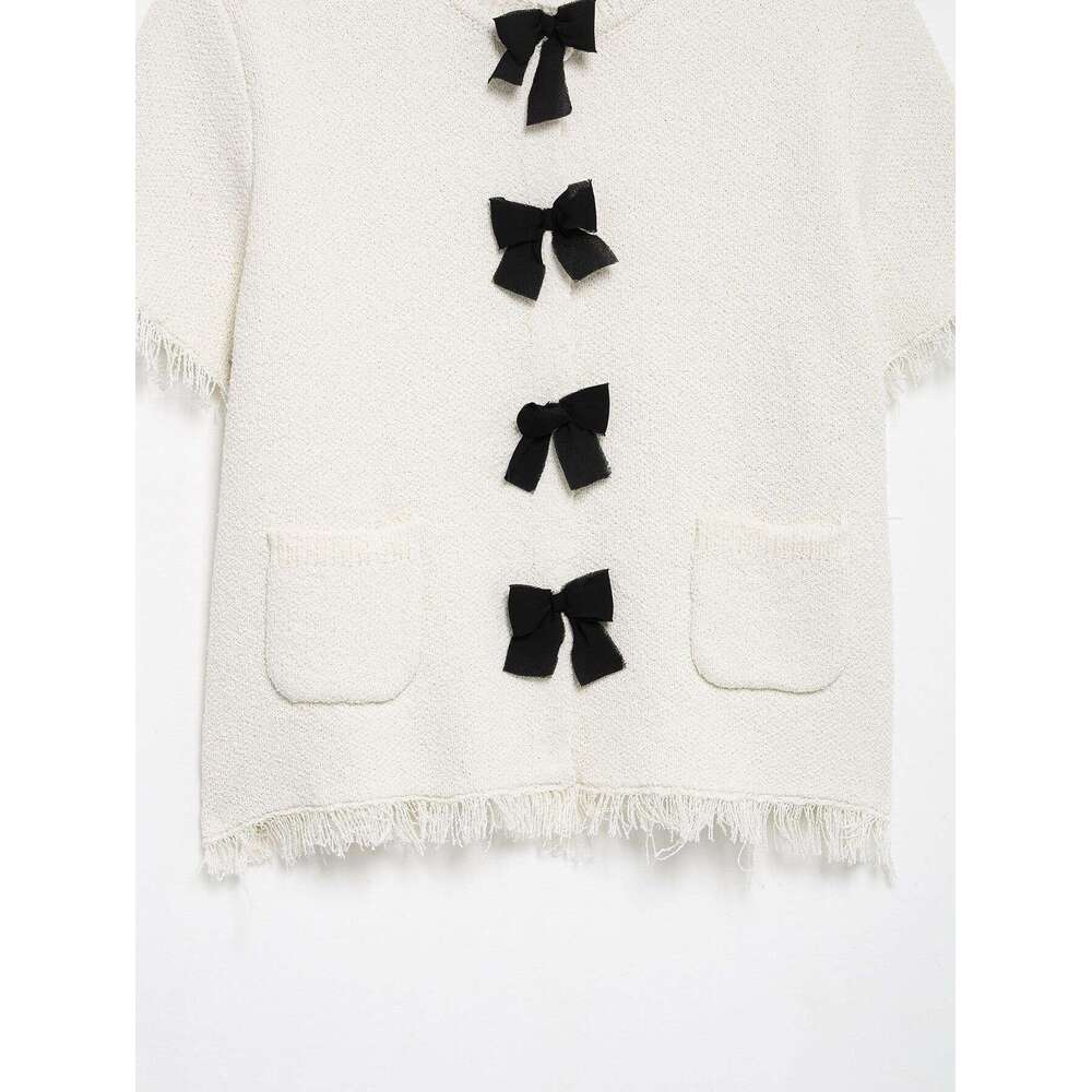 DHEssentials French Style Small Fragrance Fringe Trim Layered Bowknot Jacket + Knitted Mini Skirt Two-Piece Set