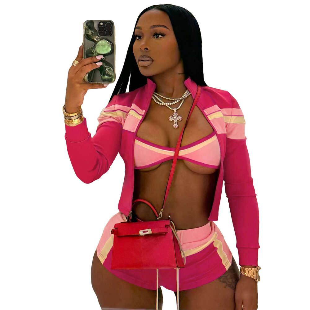 European and American Fashion Women Clothing Printed Patchwork Long Sleeve Off-Shoulder Strap Hot Pants Three-Piece Set for Women