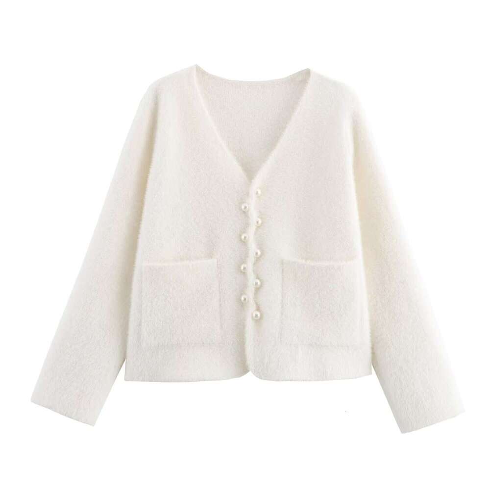 DHEssentials 2025 Autumn New French Style Small Chanel Multi-Button Pearl Button Imitation Mink Fur Long Sleeve Knitted Sweater Coat