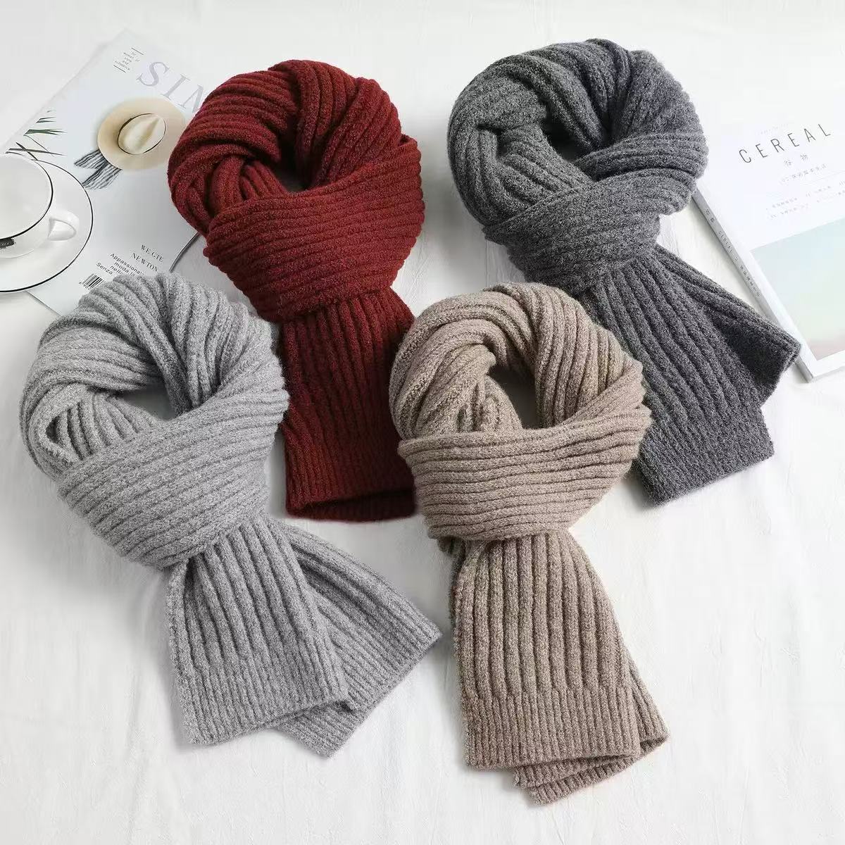 K1890 Wholesale Chunky Knit Scarf Grey - Couples Unisex Wool Blend Scarf, Winter Warm Thick Shawl Scarf Supplier