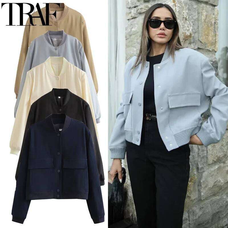 TRAF Women's Demi-Season Cropped Bomber Jackets Woman Spring Autumn Long Sleeve Solid Coats Button Baseball Jacket Women