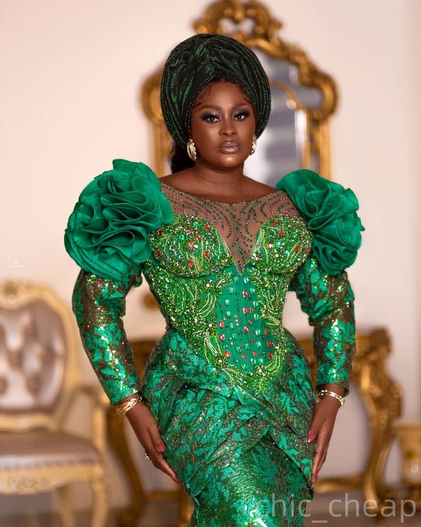 Aso Ebi Green Mermaid Prom Dresses 2025 Crystals Flowers Sheer Neck Evening Formal Party Second Birthday Engagement Gowns Plus Size Dress For Special 