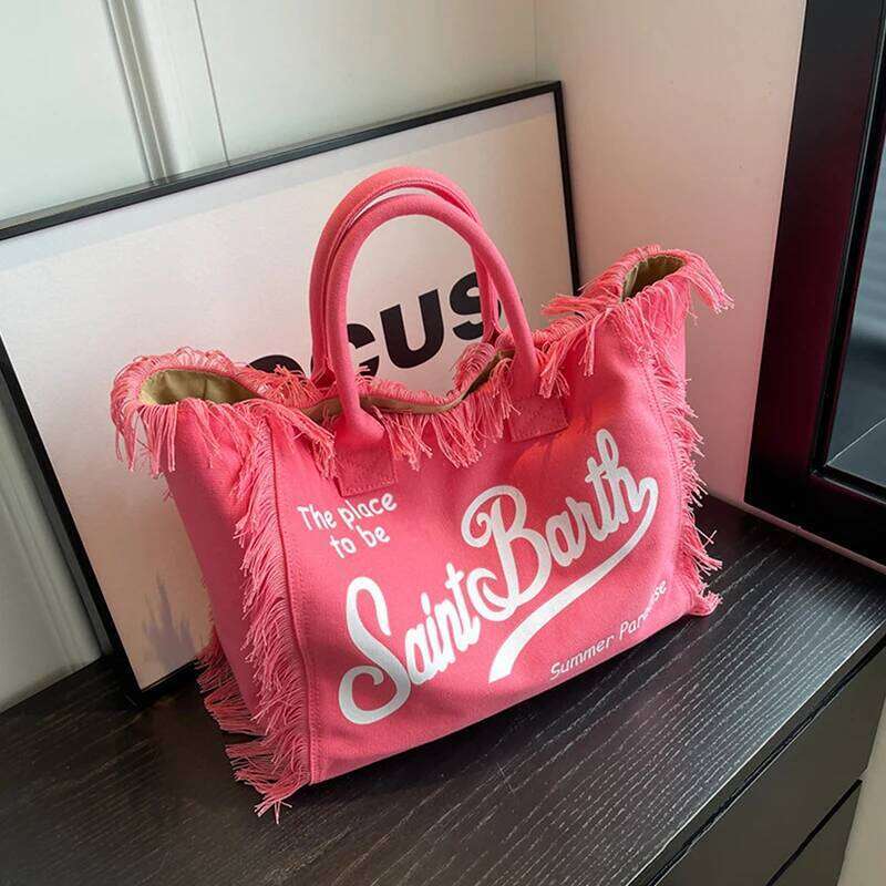 Fashion Denim Printed Tote Large Capacity Shoulder Commuter Bags Handmade Tassel Canvas Summer Beach Women's Bag