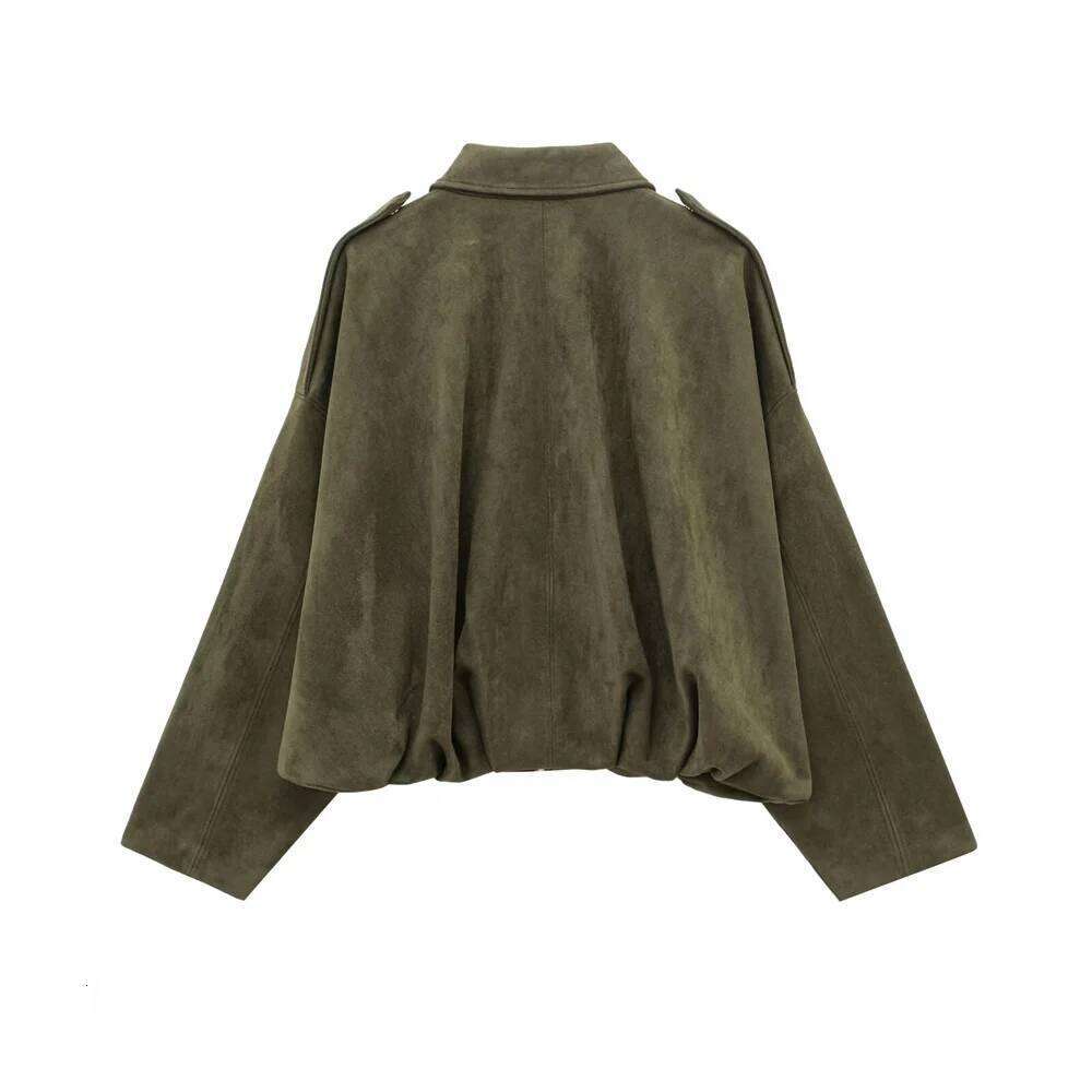 Pb&Za 2025 Women Faux Suede Collared Jacket With Shoulder Straps Loose Fit Stylish Olive Green For Sale On