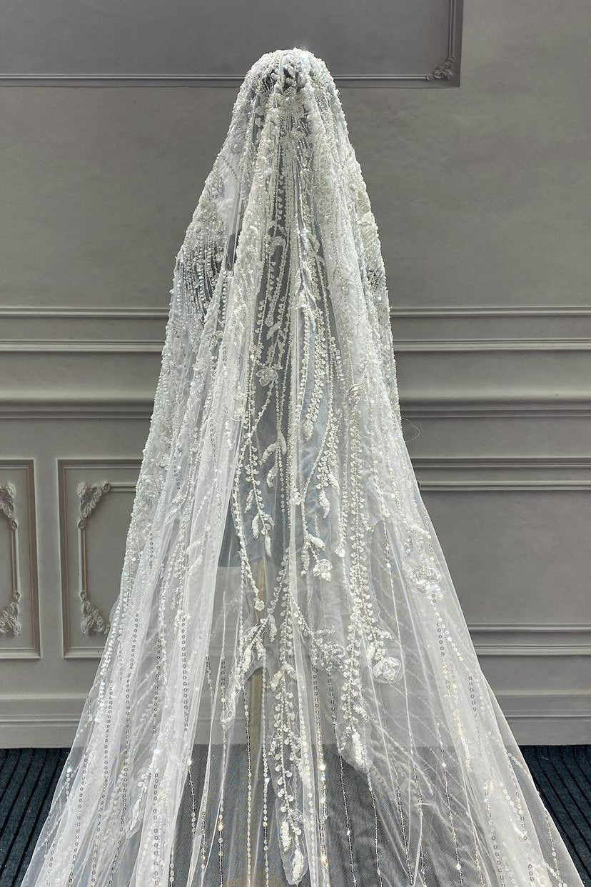 Luxury Wedding Veil Sequined Beading One Layer Cathedral Length Veils Applique Edge Velo De Cabeza Customized