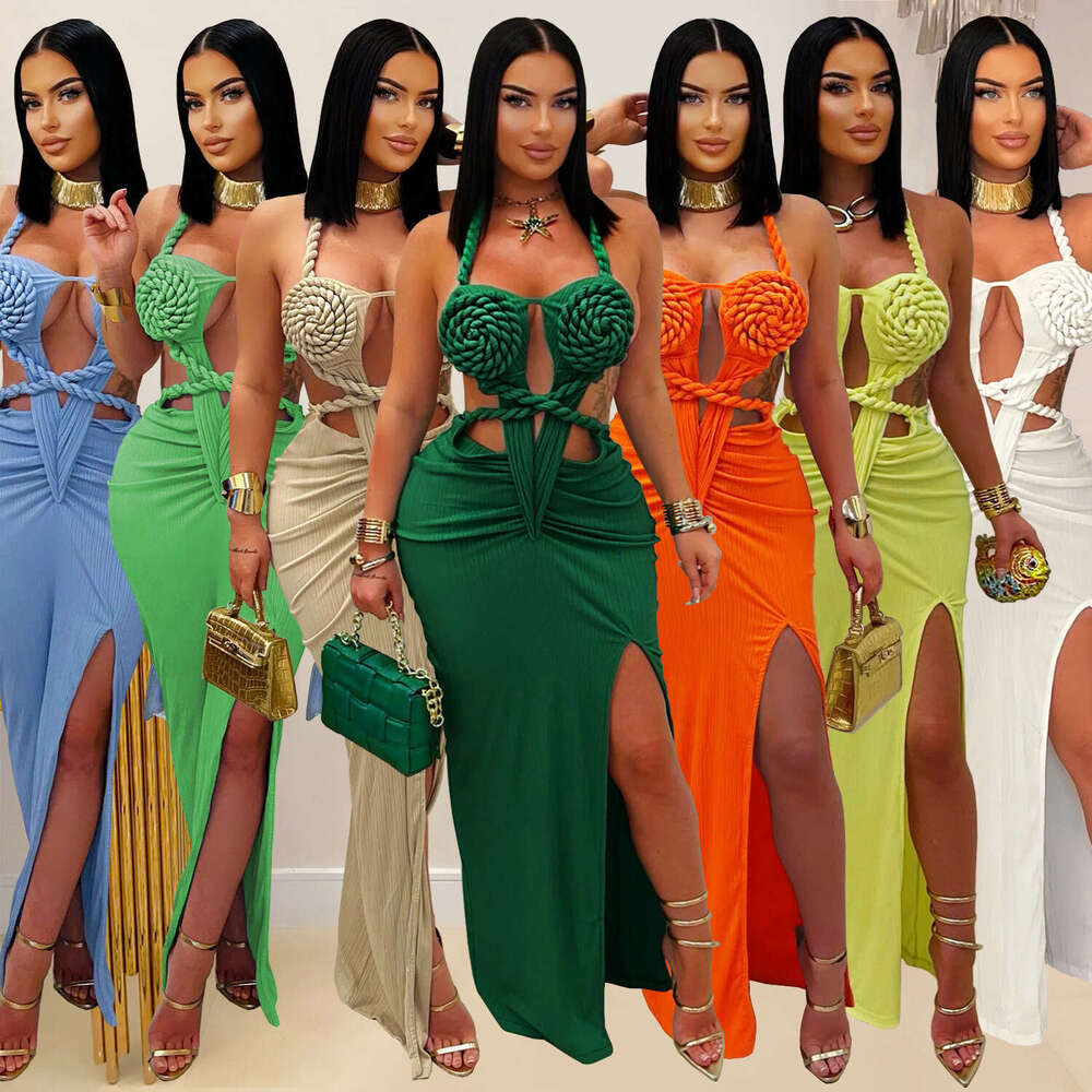 Cross-border European and American Fashion Design Women Sexy Knitted Halter Backless Solid Color Dress