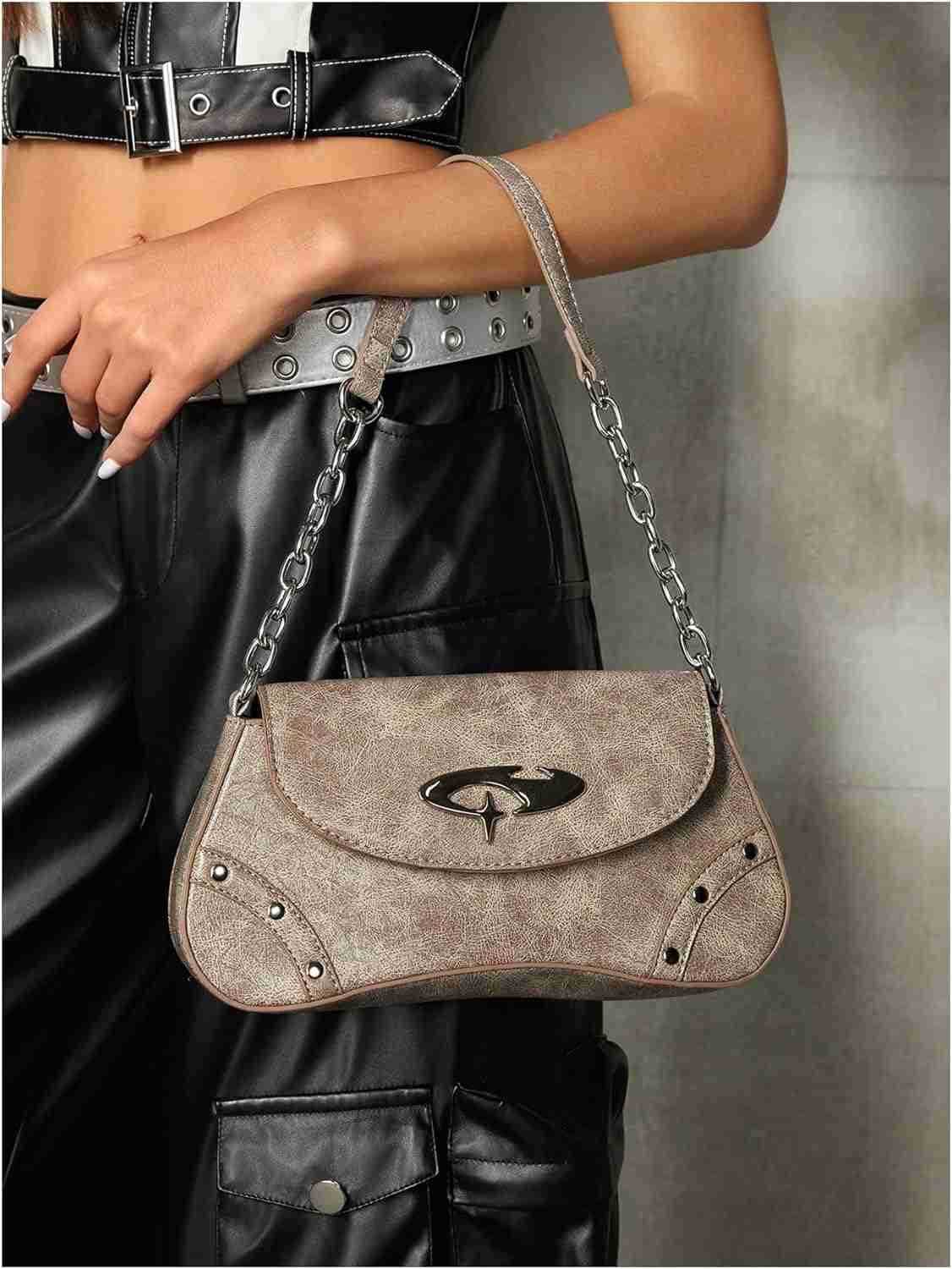 Womens Punk Studded Flap Leather Bags Chain Top Handle Underarm Shoulder Bag M250912