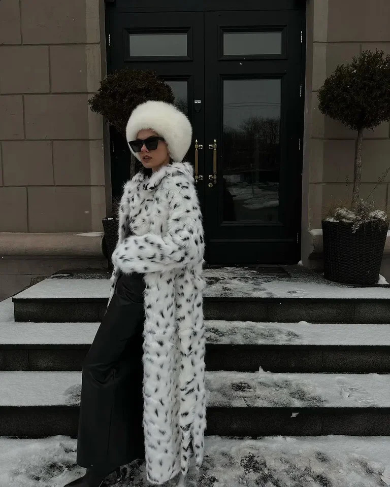 Printed Faux Fur Coat Winter Fluffy Long Sleeve Overcoat Loose Jacket 2025 Street Fashion Lady Warm Outerwears 250912
