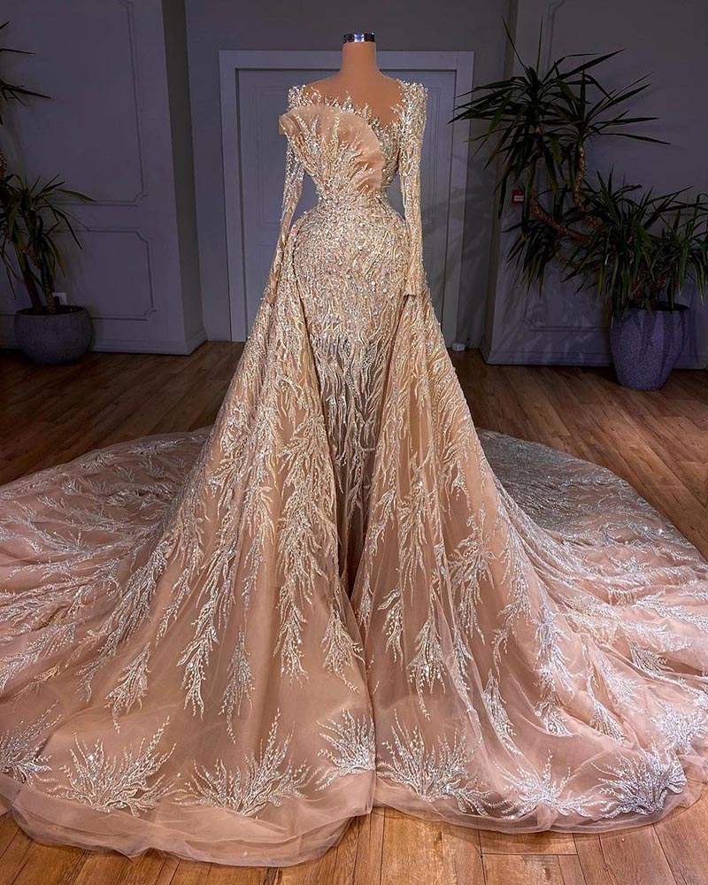 Exquisite Long Sleeve Sequins Evening Gowns Detachable Train Mermaid Prom Dresses Crystal Beadeds Customized Party Dresses