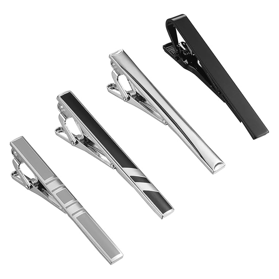 4Pcs Tie Clips Set Men Tie Bar Clip Set for Regular Skinny Ties Necktie Wedding Business Clips for Men Silver and Black Tone