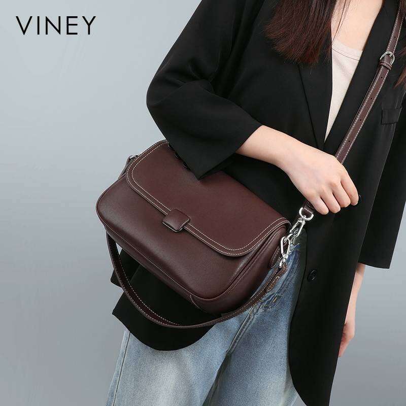 VINEY Ladies 2025 New Summer Small Square Genuine Leather Women's High-End Commuter Handbag Messenger Bag