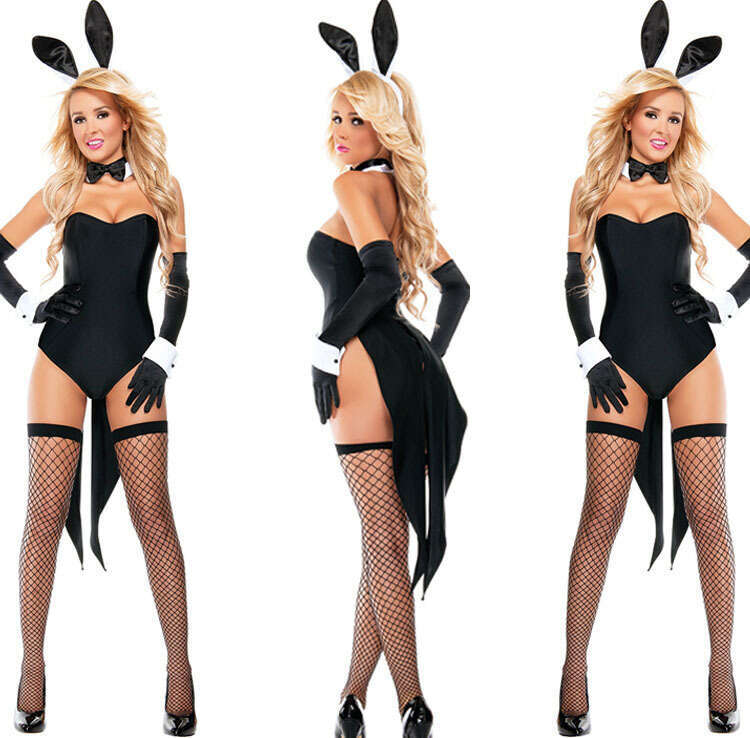 Sexy rabbit costume set - jumpsuit, rabbit ears and long gloves, charming silhouette, ideal for Halloween parties and themed events