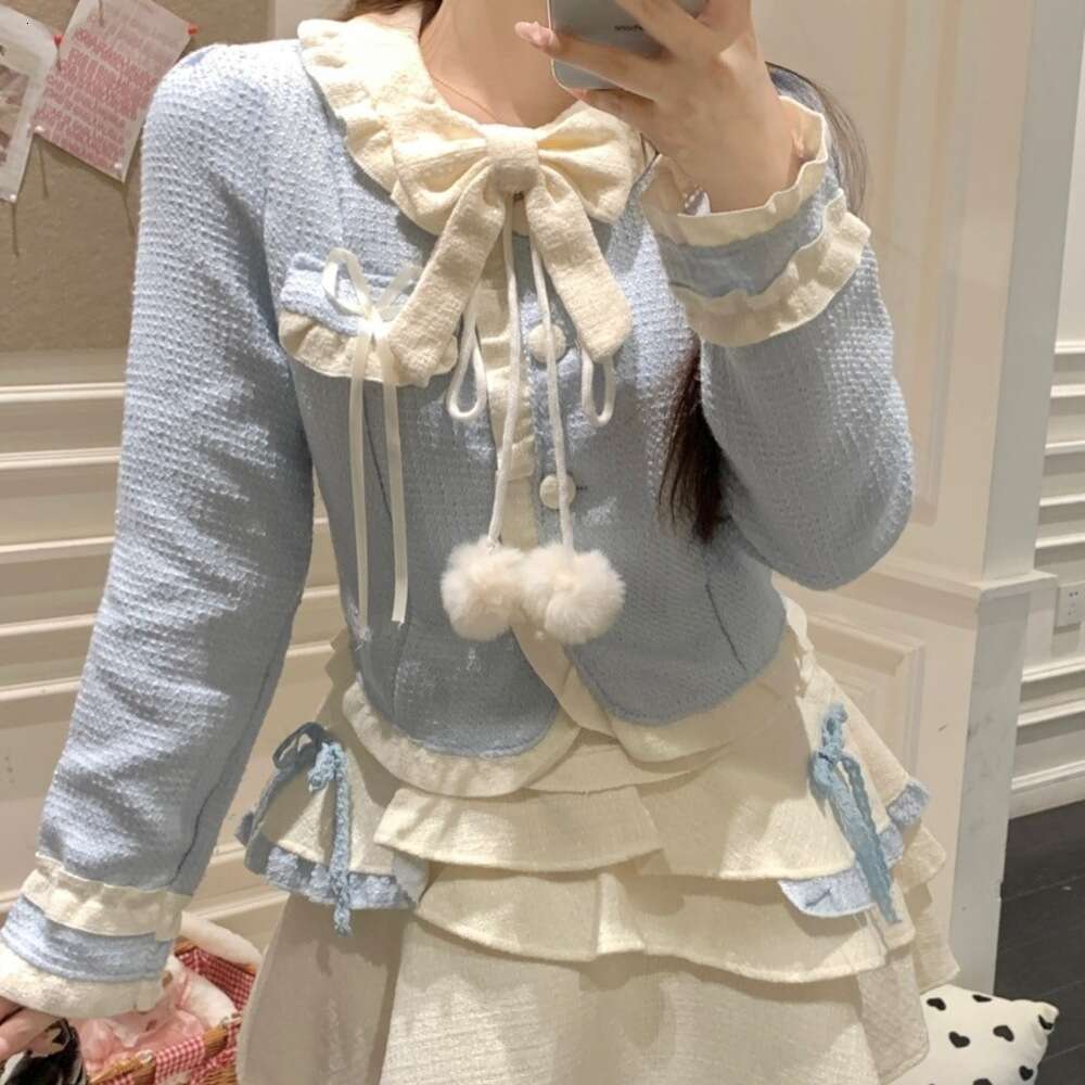 DHEssentials 2025 New Sweet Little Chanel Style Milk Blue Bow Top Puffy Cake Short Skirt Women Autumn Winter Slimming Two-Piece Set